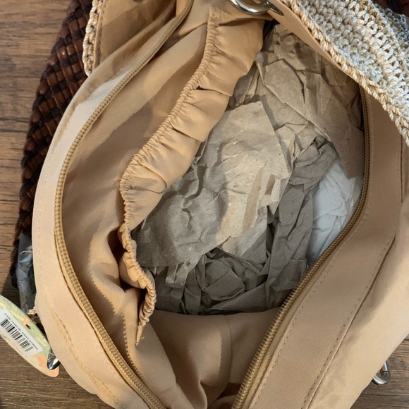 The Sak Crochet Purse Bag Braided Leather Handles Beige Grey Stripes NWT - Picture 6 of 6